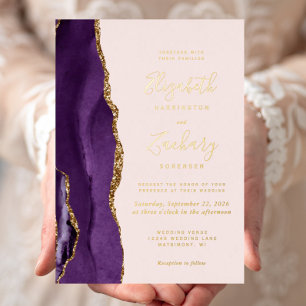 Invitation En Aluminium Mariage Moderne Rose Pâle Agate Or Violet