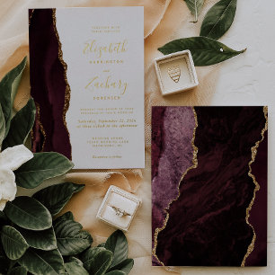 Invitation En Aluminium Mariage Moderne Rouge Bourgogne Agate Or