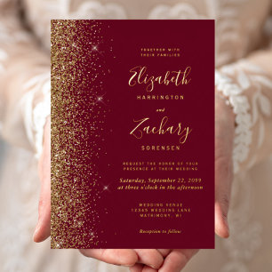 Invitation En Aluminium Mariage Moderne Rouge Bourgogne Or Faux Paillettes