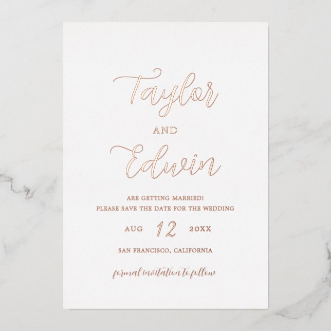 Invitation En Aluminium Mariage Moderne Simple Enregistrer La Date Rose Or (Recto)