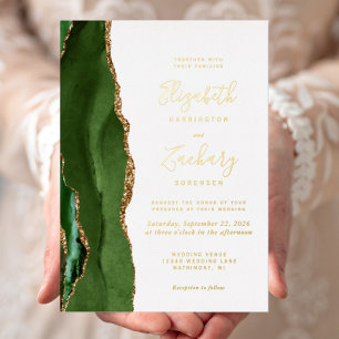 Invitation En Aluminium Mariage Moderne Vert Chasseur Agate Dorée