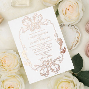 Invitation En Aluminium Mariage Monogramme Art Linéaire Fleur Orné Rose Go