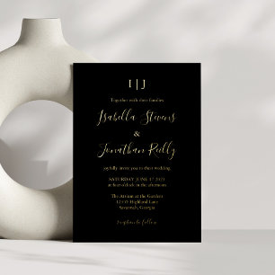 Invitation En Aluminium Mariage Monogramme Classique Minimaliste Noir Or