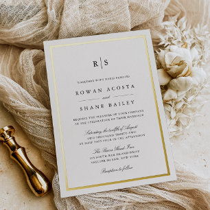 Invitation En Aluminium Mariage Monogramme Classique Noir & Bordure Ecru
