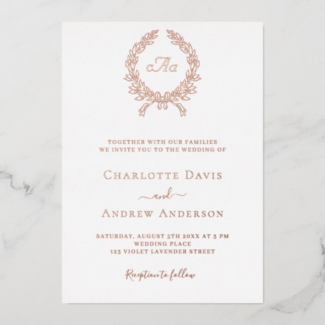 Invitation En Aluminium Mariage monogramme de couronne d'or rose blanche (Recto)