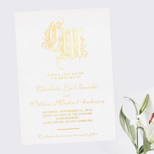 Invitation En Aluminium Mariage Monogramme doré vintage