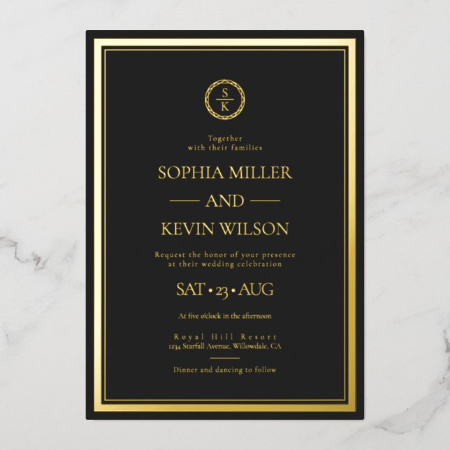 Invitation En Aluminium Mariage Monogramme moderne Black Gold Elegant (Recto)