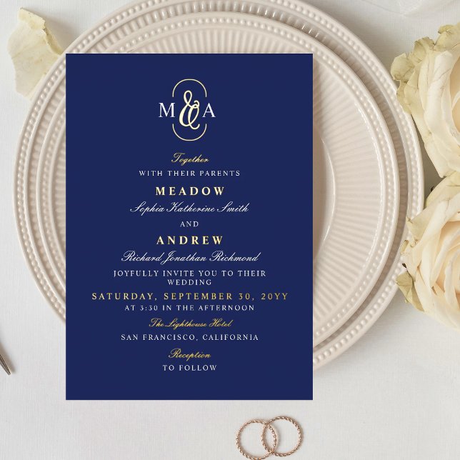 Invitation En Aluminium Mariage Monogramme Typographie Ampersand Bleu Or (Créateur téléchargé)