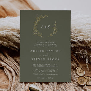 Invitation En Aluminium Mariage Monogramme vert foncé à feutre minimal