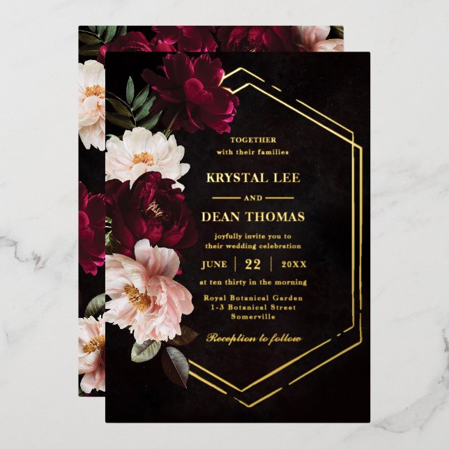 Invitation En Aluminium Mariage Moody Bourgogne Blush Pink Floral Peonies (Recto/Verso)