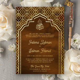 Invitation En Aluminium Mariage Musulman Arc Brun Marocain Doré Feuille