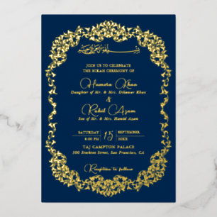 Invitation En Aluminium Mariage Musulman Floral Paisley Or Royal Bleu Doré