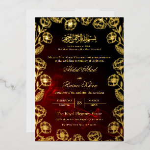 Invitation En Aluminium Mariage Musulman Royal Rouge Floral Feuille D'or