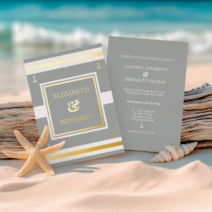 Invitation En Aluminium Mariage Nautique Or Blanc Gris Rayures Côtières