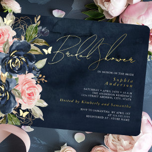 Invitation En Aluminium Mariage Navy Blush Papillon Doré Shower de Mariée