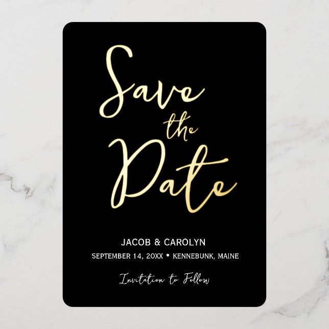 Invitation En Aluminium Mariage Noir Blanc Or Save the Date (Recto)