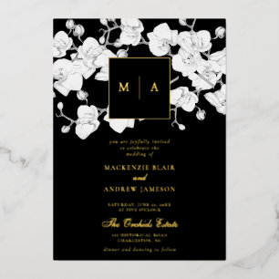 Invitation En Aluminium Mariage noir de la couronne d'orchidée moderne for