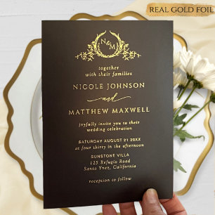Invitation En Aluminium Mariage Noir Élégant Monogramme Or Réel Premium