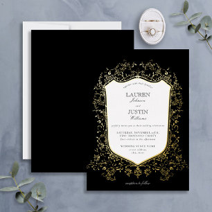 Invitation En Aluminium Mariage noir et or classique Crest