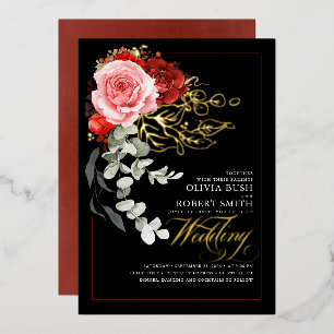 Invitation En Aluminium Mariage noir Eucalyptus rouge Bourgogne