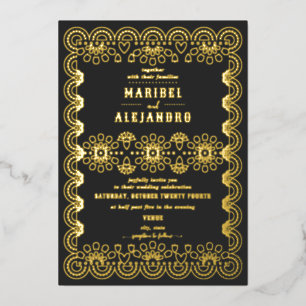 Invitation En Aluminium Mariage noir floral à découpe en papier picado Mex