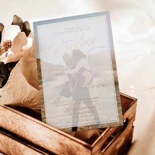Invitation En Aluminium Mariage noir moderne script photo rose or