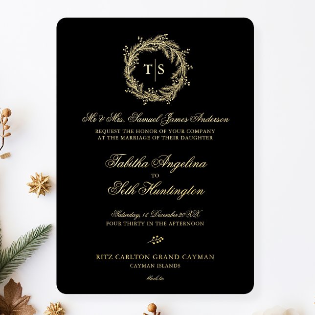 Invitation En Aluminium Mariage noir Monogram Gold (Créateur téléchargé)