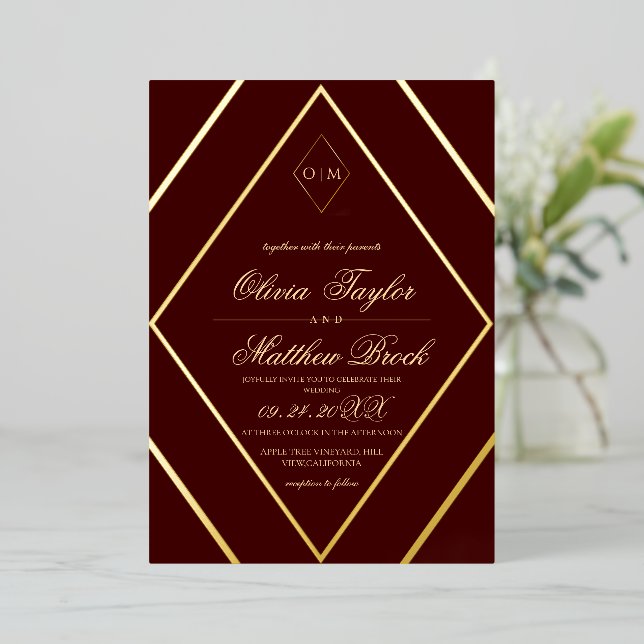Invitation En Aluminium Mariage Or Diamond Bourgogne moderne (Debout devant)