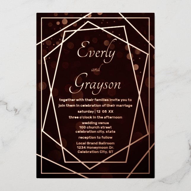 Invitation En Aluminium Mariage or Rose de trame Abstrait géométrique (Recto)