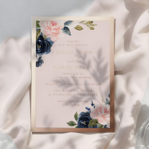 Invitation En Aluminium Mariage or Rose Floral Navy & Blush Watercolor