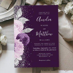 Invitation En Aluminium Mariage Paillettes Argent Violet Foncé Floral