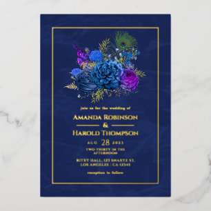 Invitation En Aluminium Mariage Peacock Vintage bleu marine et or