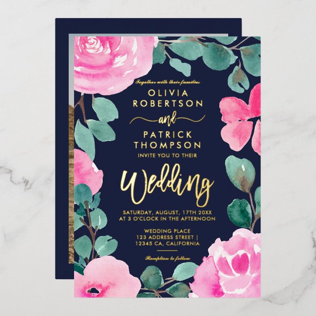 Invitation En Aluminium Mariage photo couleur marine rose gras (Recto/Verso)