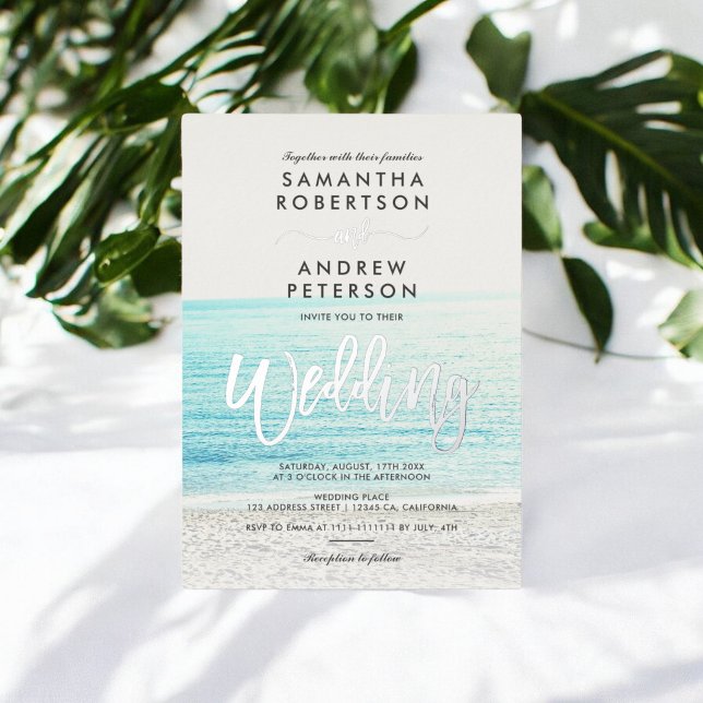 Invitation En Aluminium Mariage photo de plage de la typographie d'argent (Silver typography beach photo wedding foil invitation)