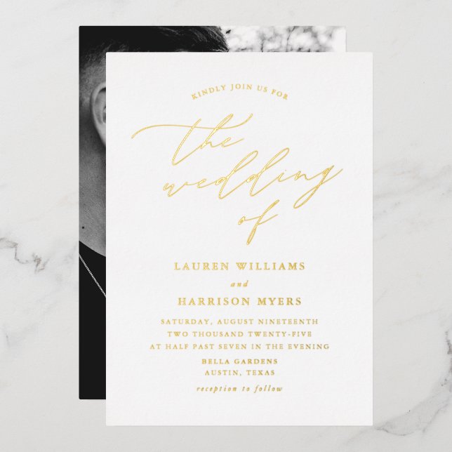 Invitation En Aluminium Mariage photo de script blanc et or (Recto/Verso)