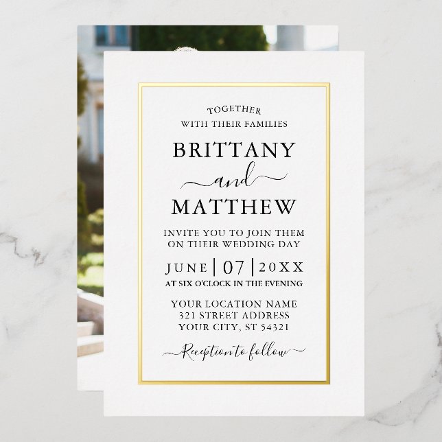 Invitation En Aluminium Mariage photo élégant moderne White Gold (Recto/Verso)