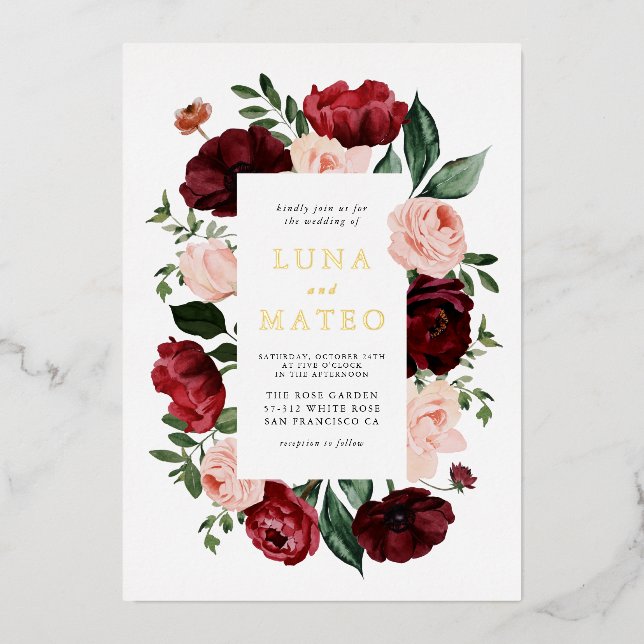 Invitation En Aluminium Mariage photo floral de Bourgogne et de Blush (Recto)