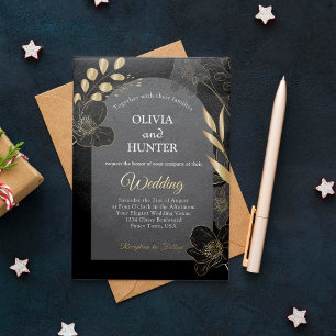 Invitation En Aluminium Mariage photo floral noir et or moderne Foil