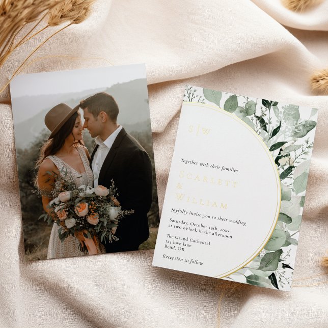 Invitation En Aluminium Mariage photo FOIL Eucalyptus Gold Monogram (Créateur téléchargé)