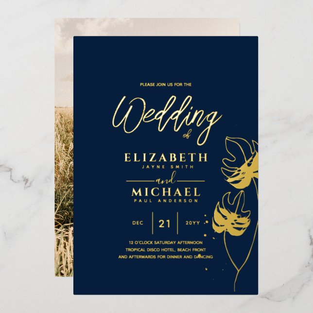 Invitation En Aluminium Mariage PHOTO Gold Disco Tropical Moderne (Recto/Verso)