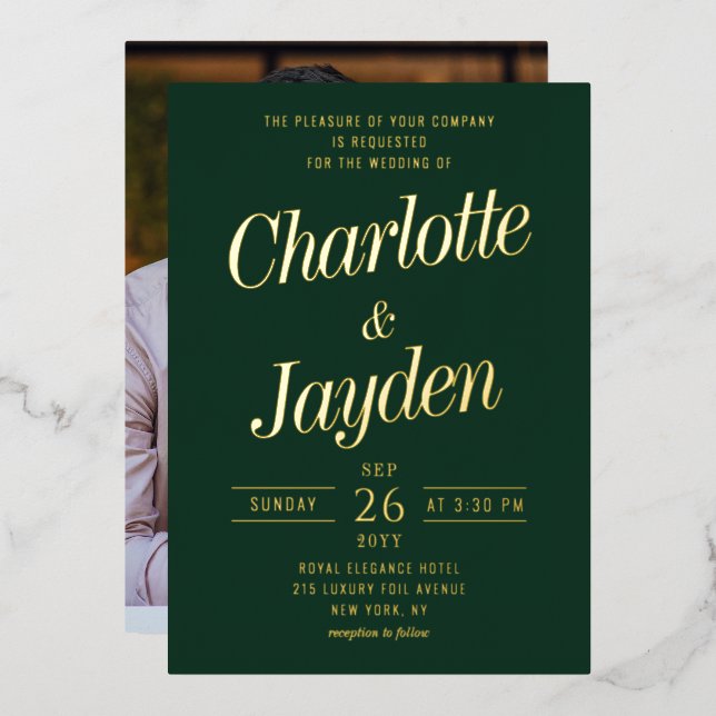 Invitation En Aluminium Mariage photo Green Elegant Foil (Recto/Verso)