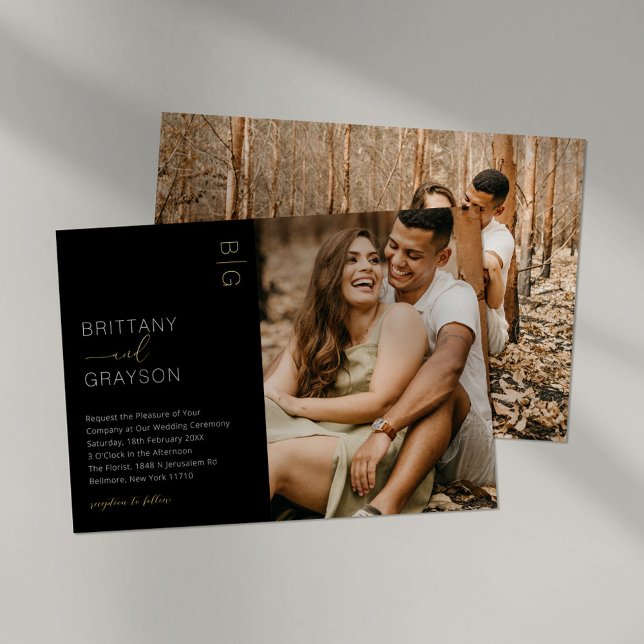Invitation En Aluminium Mariage photo moderne Black Gold (Créateur téléchargé)