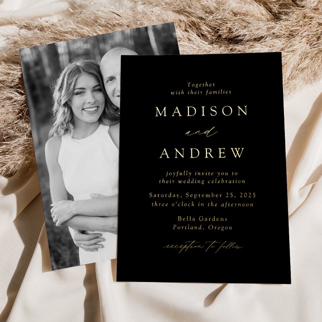 Invitation En Aluminium Mariage photo moderne Elegance noir et or (Créateur téléchargé)