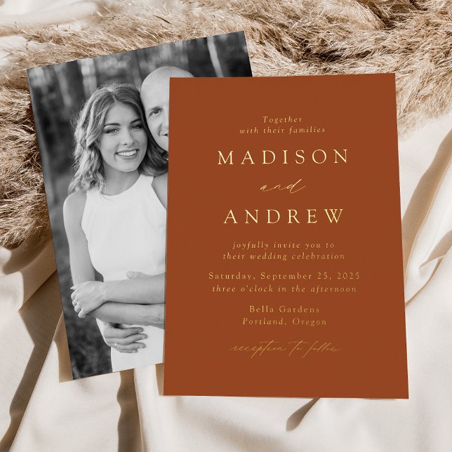 Invitation En Aluminium Mariage photo moderne Elegance Terracotta et Gold (Créateur téléchargé)