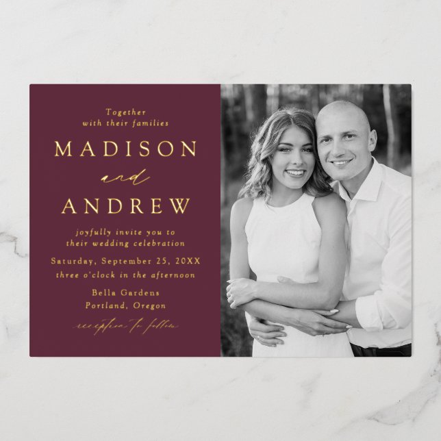 Invitation En Aluminium Mariage photo moderne Elegance Vin et or (Recto)