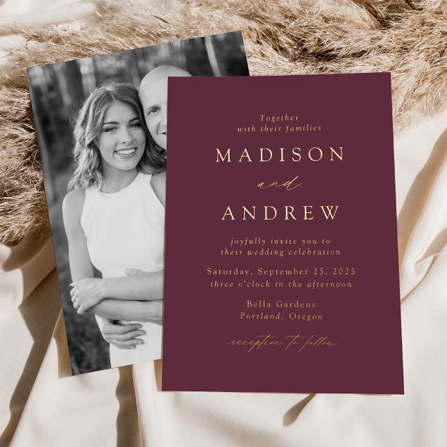 Invitation En Aluminium Mariage photo moderne Elegance Vin et or (Créateur téléchargé)