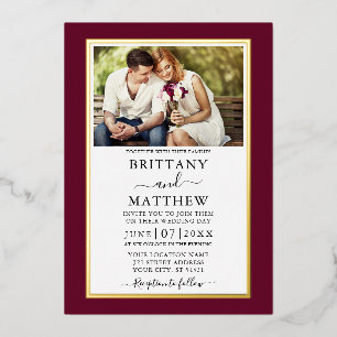 Invitation En Aluminium Mariage photo moderne Elégant Bourgogne Or