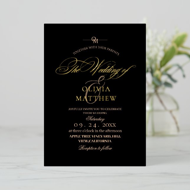 Invitation En Aluminium Mariage photo moderne Gold Black et White (Debout devant)
