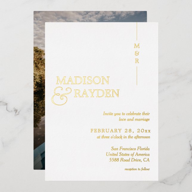Invitation En Aluminium Mariage photo moderne Simple White Gold (Recto/Verso)
