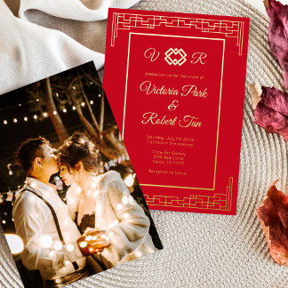 Invitation En Aluminium Mariage Photo Monogramme Asiatique Rouge et Or